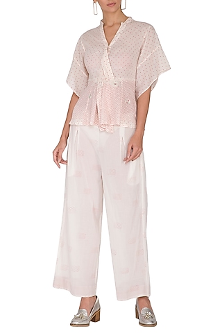 Ivory & Blush Pink Embroidered Block Printed Top by IHA