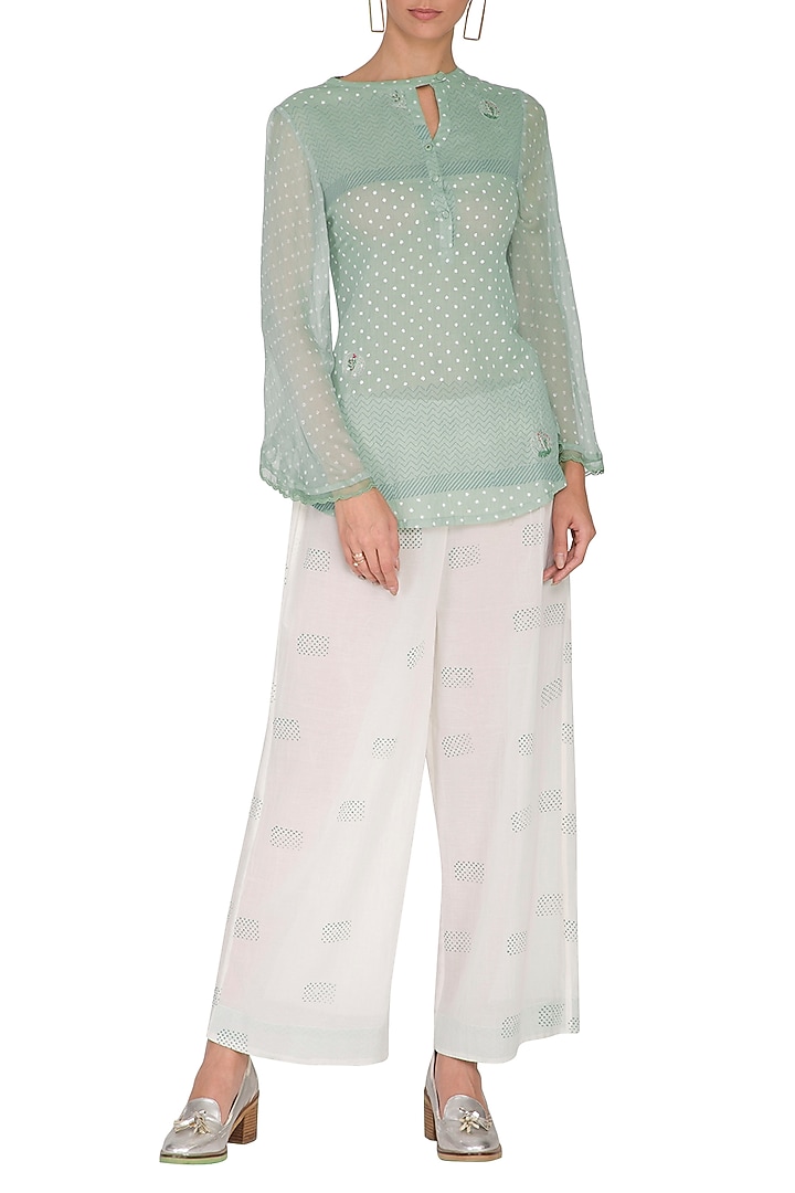 Mint Green Embroidered & Block Printed Top by IHA at Pernia's Pop Up Shop