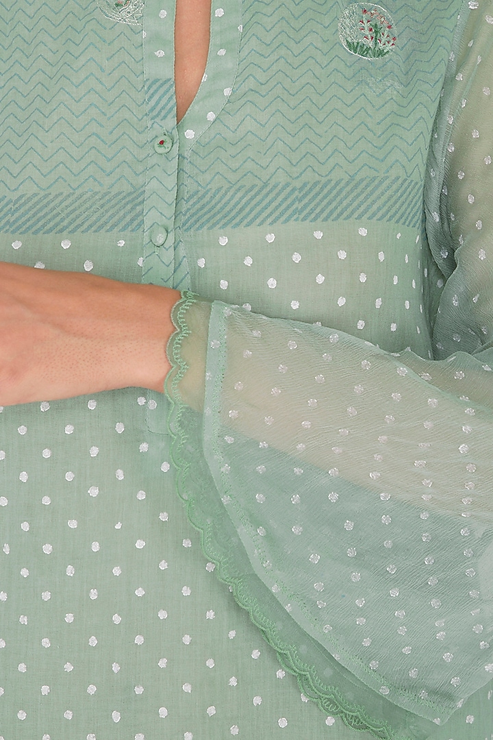 Mint Green Embroidered & Block Printed Top by IHA at Pernia's Pop Up Shop