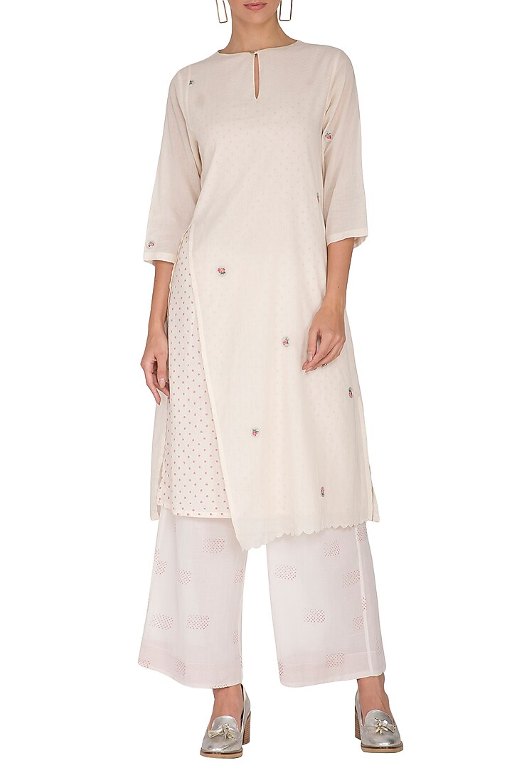 Ivory Embroidered & Block Printed Tunic by IHA at Pernia's Pop Up Shop