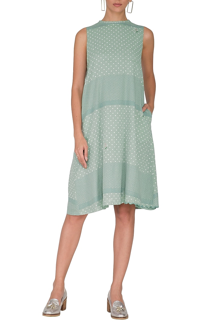 Mint Green Embroidered & Block Printed Shift Summer Dress by IHA at Pernia's Pop Up Shop