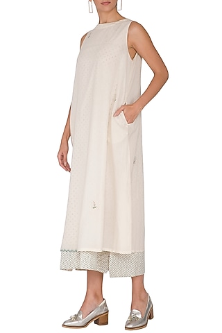Ivory Embroidered & Block Printed Layered Dress by IHA