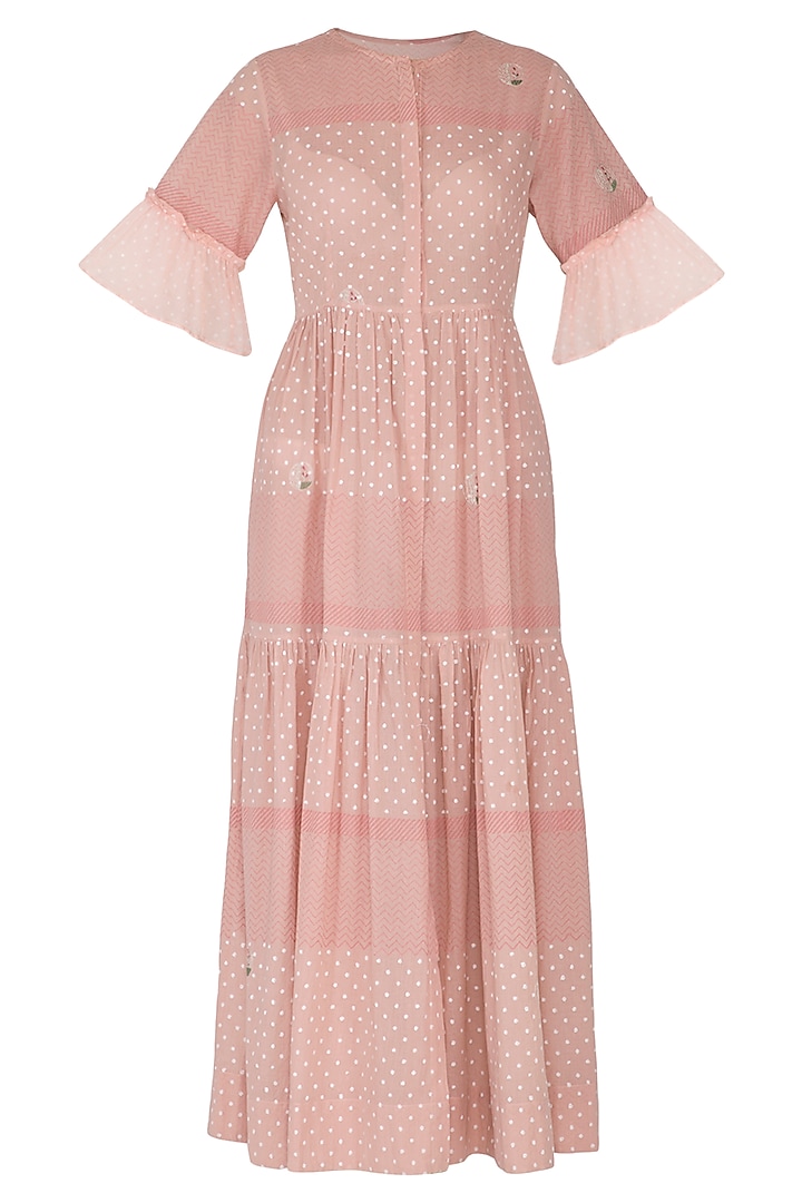 Blush Pink Embroidered & Block Printed Midi Dress by IHA