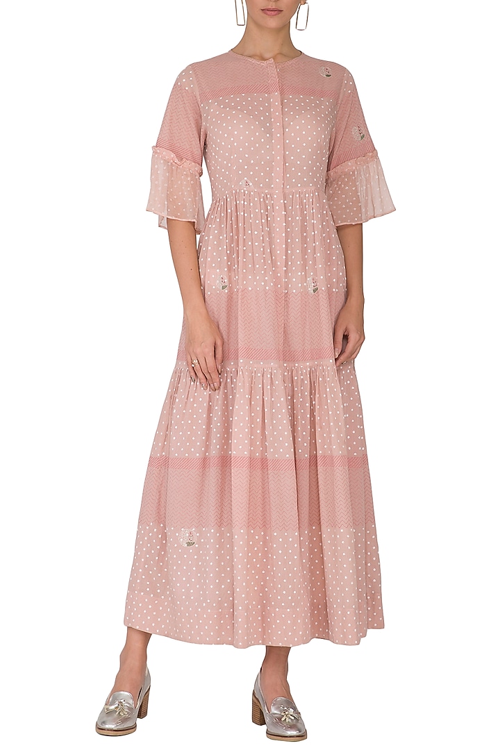Blush Pink Embroidered & Block Printed Midi Summer Dress by IHA at Pernia's Pop Up Shop