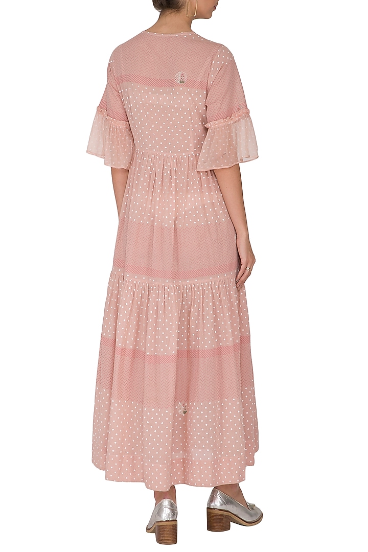 Blush Pink Embroidered & Block Printed Midi Summer Dress by IHA at Pernia's Pop Up Shop