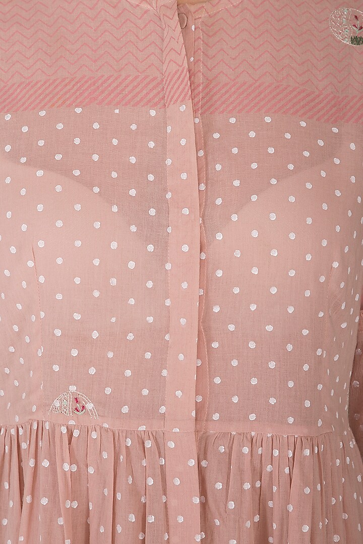 Blush Pink Embroidered & Block Printed Midi Summer Dress by IHA at Pernia's Pop Up Shop
