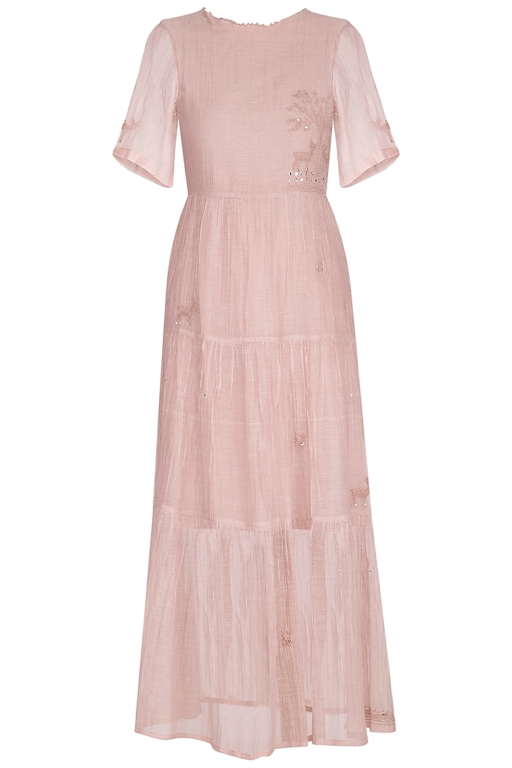 Onion Pink Embroidered Tiered Dress by IHA