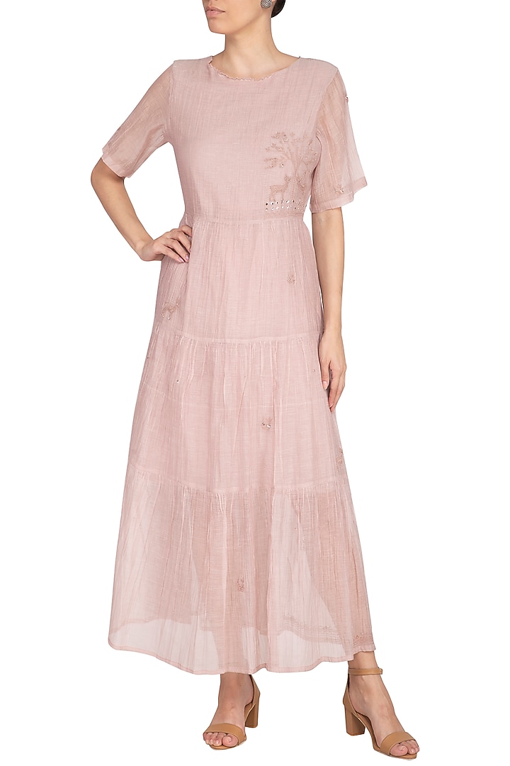 Onion Pink Embroidered Tiered Summer Dress by IHA at Pernia's Pop Up Shop