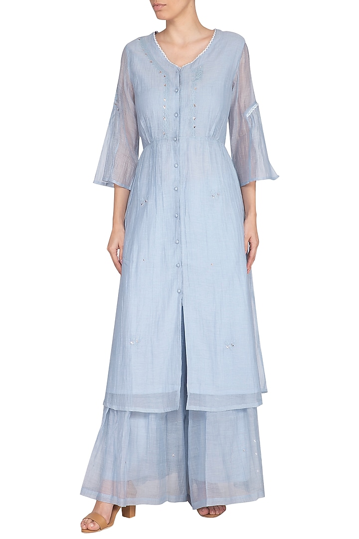 Powder Blue Embroidered Kurta With Palazzo Pants by IHA at Pernia's Pop Up Shop