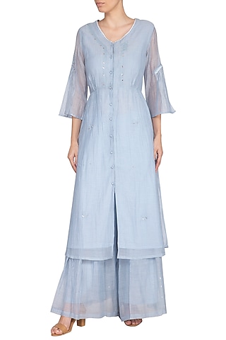 Powder Blue Embroidered Kurta With Palazzo Pants by IHA
