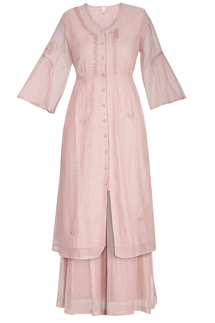 Pink Embroidered Kurta With Palazzo Pants by IHA