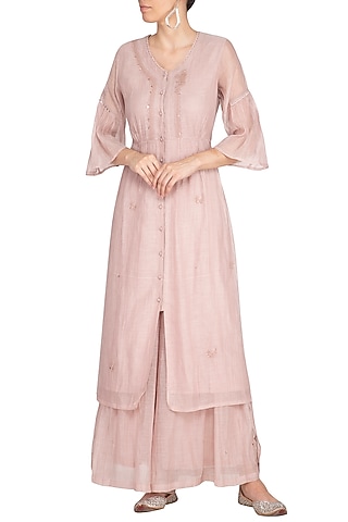 Pink Embroidered Kurta With Palazzo Pants by IHA