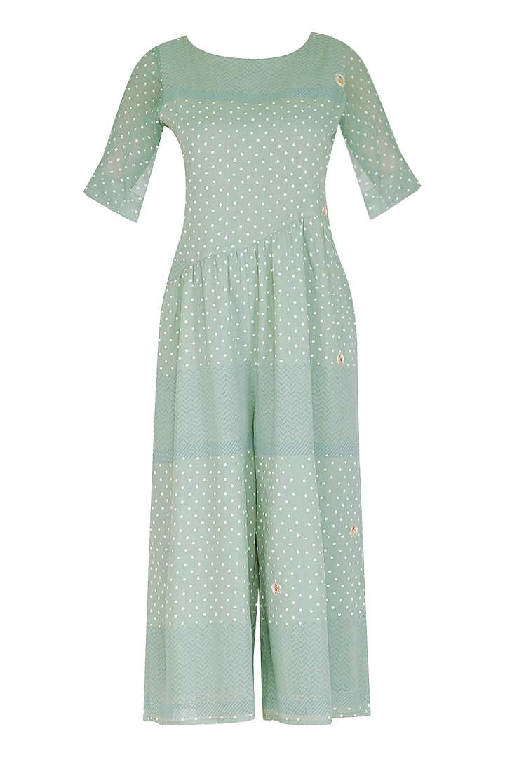 Mint Green Block Printed & Embroidered Jumpsuit by IHA at Pernia's Pop Up Shop