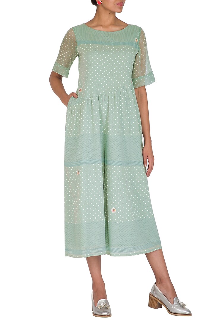 Mint Green Block Printed & Embroidered Jumpsuit by IHA at Pernia's Pop Up Shop