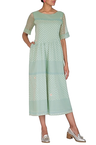 Mint Green Block Printed & Embroidered Jumpsuit by IHA