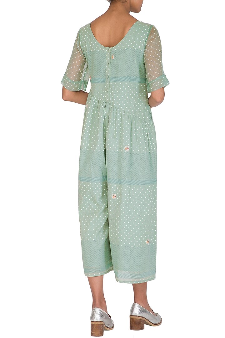 Mint Green Block Printed & Embroidered Jumpsuit by IHA at Pernia's Pop Up Shop