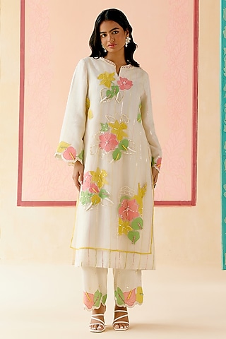 Ivory Silk Organza Floral Applique Work Kurta Set by I AM DESIGN