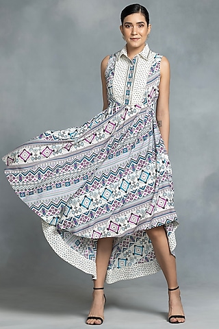 Multi-Colored Crepe Aztec Printed Asymmetrical Dress by IKKA by Kanika Saluja