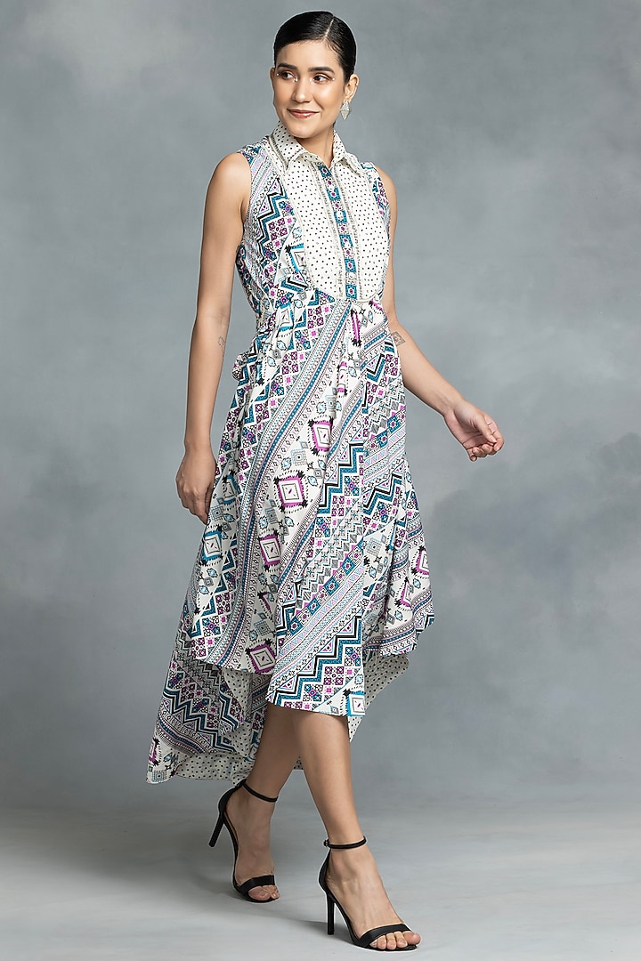 Multi-Colored Crepe Aztec Printed Asymmetrical Summer Dress by IKKA by Kanika Saluja at Pernia's Pop Up Shop