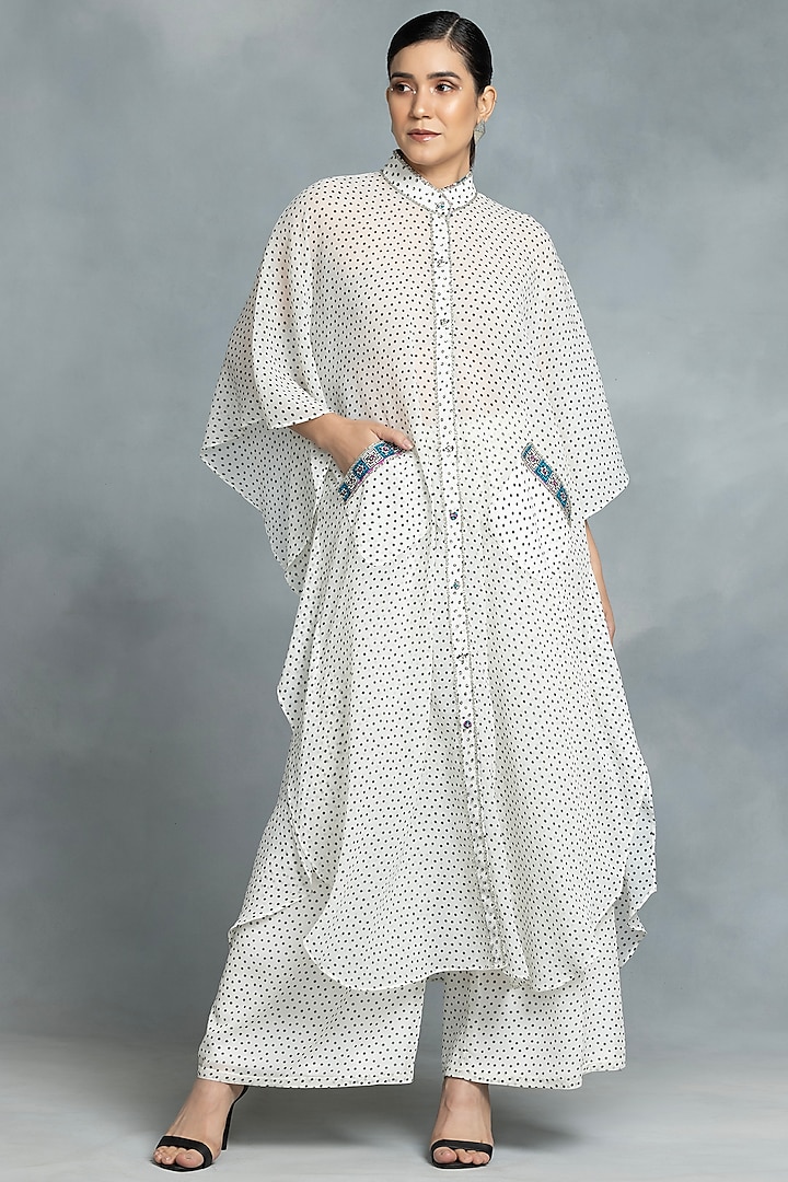 Ivory Chiffon Hand Embroidered & Printed Kaftan Set by IKKA by Kanika Saluja at Pernia's Pop Up Shop