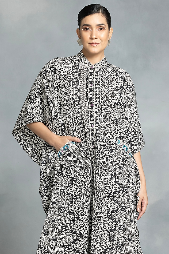Black Crepe Hand Embroidered & Printed Kaftan Set by IKKA by Kanika Saluja at Pernia's Pop Up Shop
