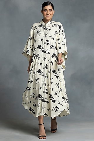 Ivory & Black Cotton Floral Motif Printed Kaftan Set by IKKA by Kanika Saluja