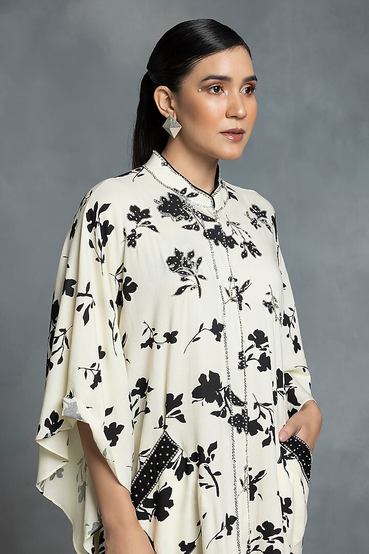 Ivory & Black Cotton Floral Motif Printed Kaftan Set by IKKA by Kanika Saluja at Pernia's Pop Up Shop