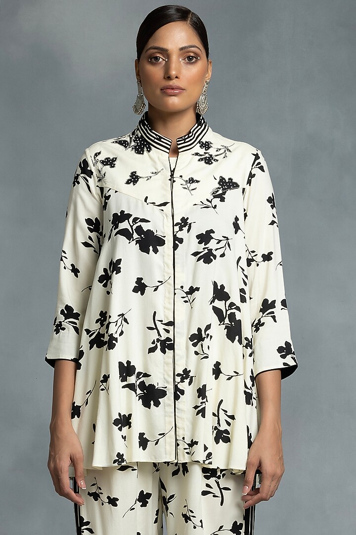 Ivory & Black Cotton Floral Motif Printed Co-Ord Set by IKKA by Kanika Saluja at Pernia's Pop Up Shop