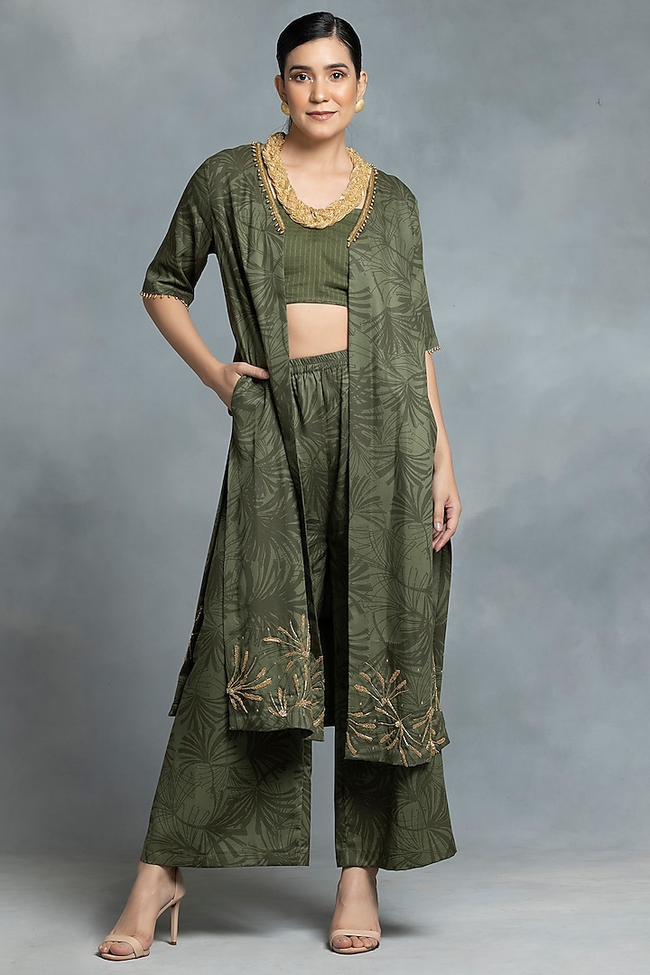 Green Cotton Hand Embroidered & Printed Jacket Set by IKKA by Kanika Saluja