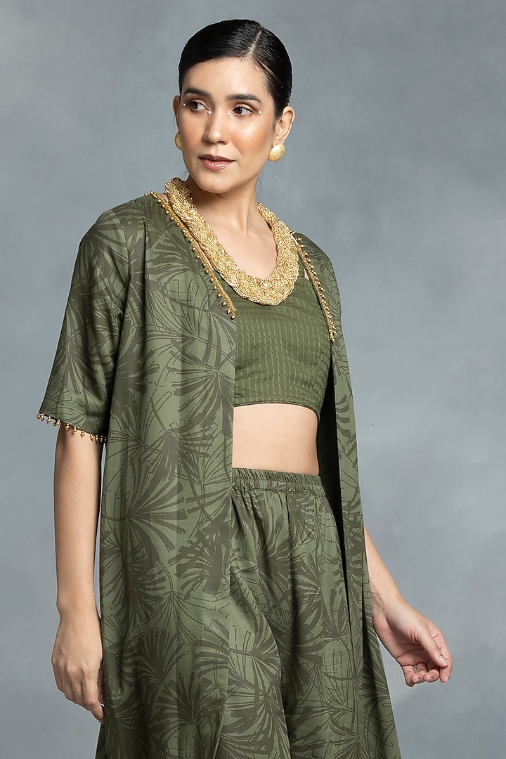 Green Cotton Hand Embroidered & Printed Jacket Set by IKKA by Kanika Saluja at Pernia's Pop Up Shop