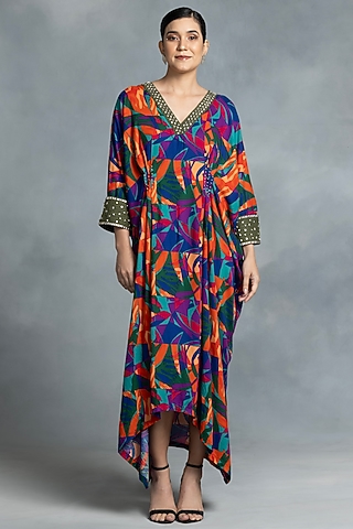 Multi-Colored Cotton Hand Embroidered & Printed Kaftan by IKKA by Kanika Saluja