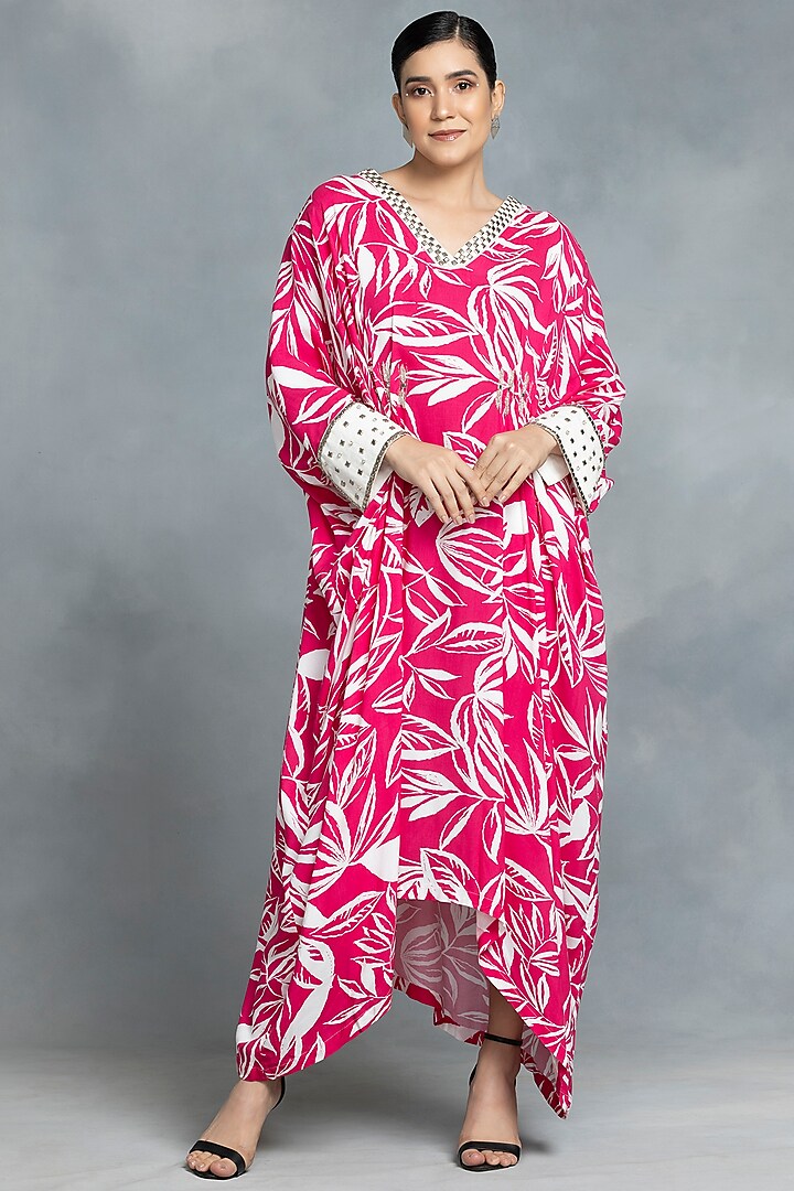 Pink Cotton Hand Embroidered & Printed Kaftan by IKKA by Kanika Saluja