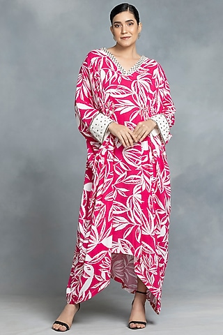 Pink Cotton Hand Embroidered & Printed Kaftan by IKKA by Kanika Saluja