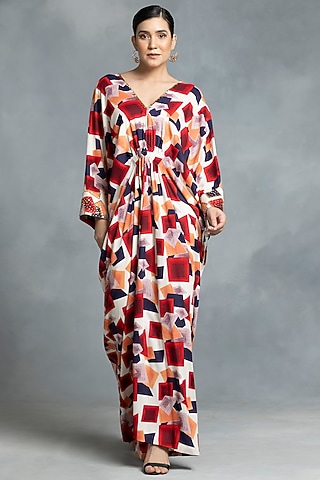 Multi-Colored Cotton Hand Embroidered & Printed Kaftan by IKKA by Kanika Saluja