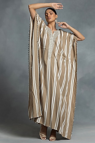Beige Cotton Hand Embroidered & Stripe Printed Kaftan by IKKA by Kanika Saluja