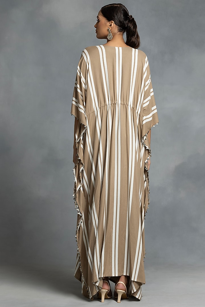Beige Cotton Hand Embroidered & Stripe Printed Kaftan by IKKA by Kanika Saluja at Pernia's Pop Up Shop