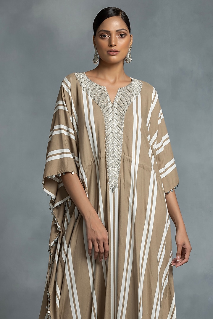 Beige Cotton Hand Embroidered & Stripe Printed Kaftan by IKKA by Kanika Saluja at Pernia's Pop Up Shop