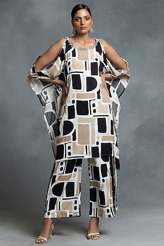Beige & Black Cotton Hand Embroidered Tunic Set by IKKA by Kanika Saluja