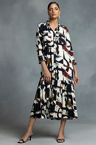 Multi-Colored Cotton Printed Midi Dress by IKKA by Kanika Saluja