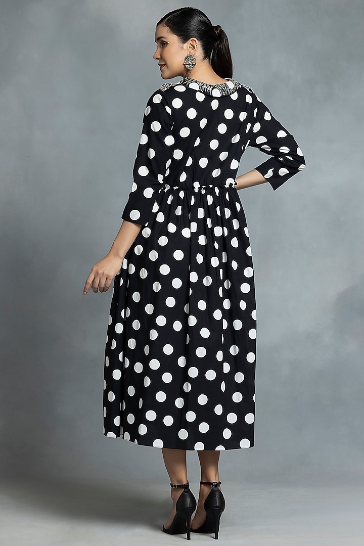 Black Cotton Polka Printed Midi Vacation Dress by IKKA by Kanika Saluja at Pernia's Pop Up Shop