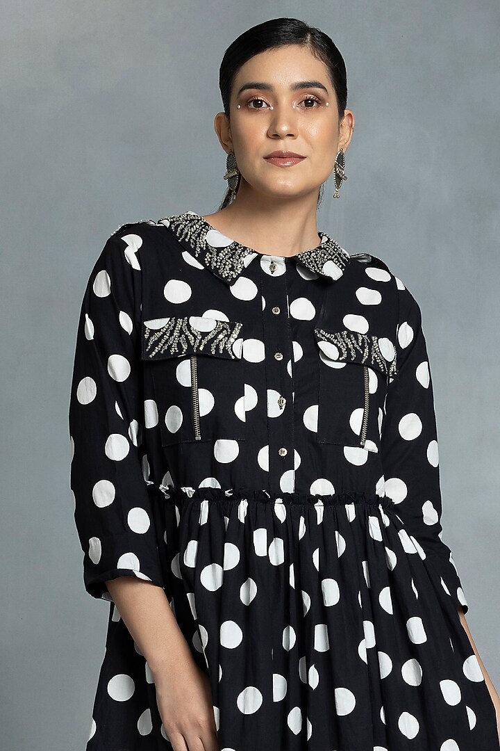Black Cotton Polka Printed Midi Vacation Dress by IKKA by Kanika Saluja at Pernia's Pop Up Shop