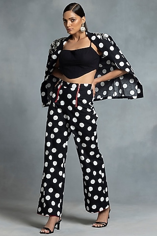 Black Cotton Hand Embroidered & Printed Blazer Set by IKKA by Kanika Saluja