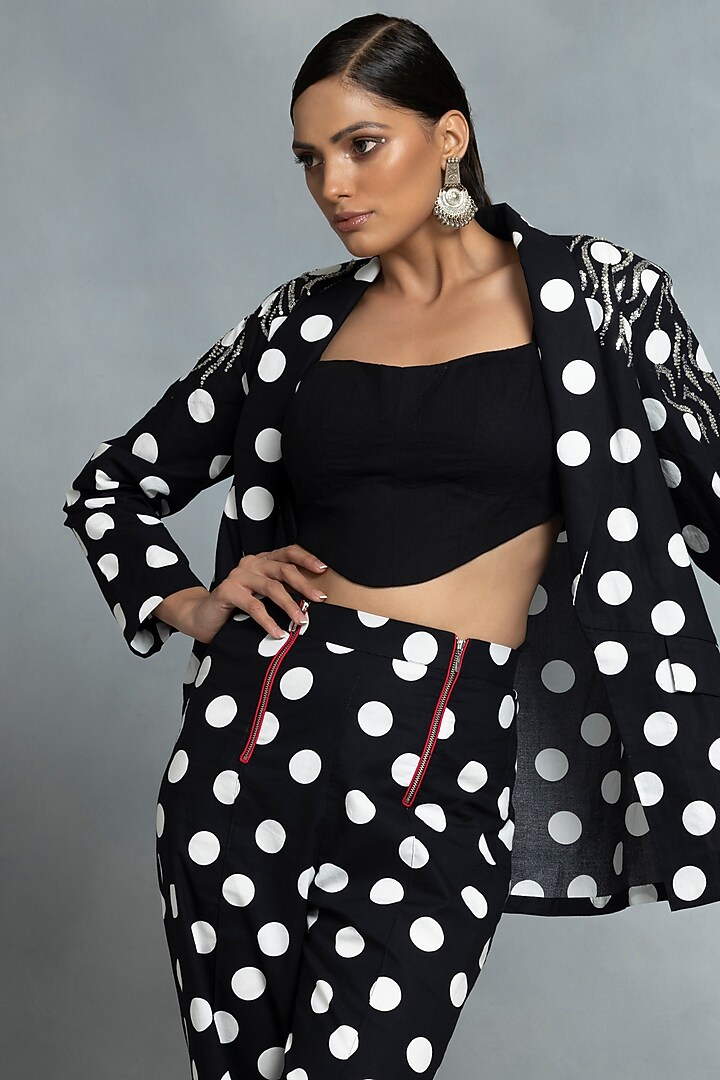 Black Cotton Hand Embroidered & Printed Blazer Set by IKKA by Kanika Saluja at Pernia's Pop Up Shop