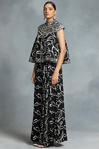 Black Cotton Spiral Printed Sharara Set by IKKA by Kanika Saluja
