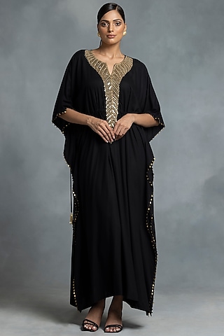 Black Cotton Hand Embroidered Kaftan by IKKA by Kanika Saluja