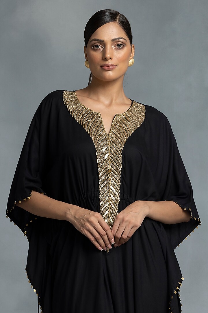 Black Cotton Hand Embroidered Kaftan by IKKA by Kanika Saluja at Pernia's Pop Up Shop