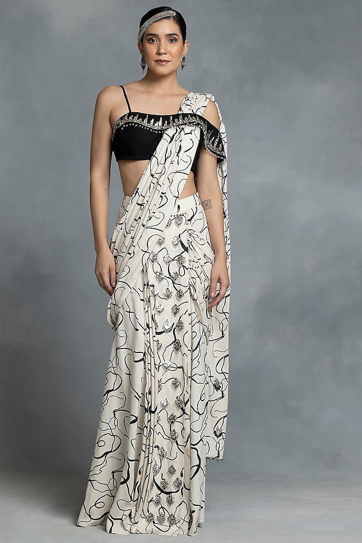 Black & Ivory Cotton Printed Draped Saree Set by IKKA by Kanika Saluja