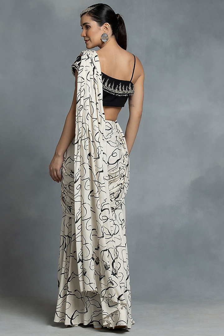 Black & Ivory Cotton Printed Draped Wedding Saree Set by IKKA by Kanika Saluja at Pernia's Pop Up Shop