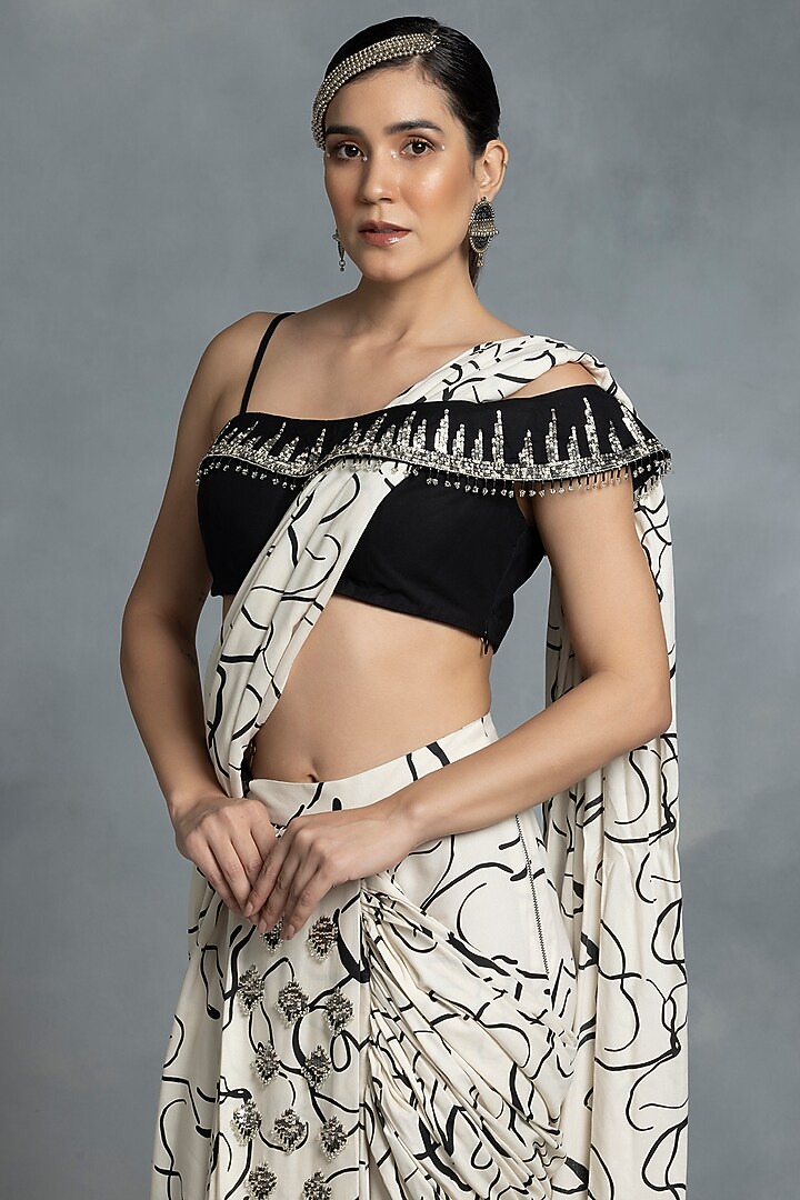 Black & Ivory Cotton Printed Draped Wedding Saree Set by IKKA by Kanika Saluja at Pernia's Pop Up Shop