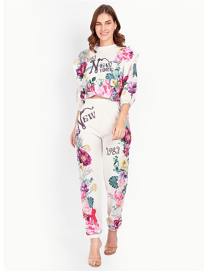 Off-White Terry Cotton & Polyester Printed Co-Ord Set by IKI CHIC at Pernia's Pop Up Shop